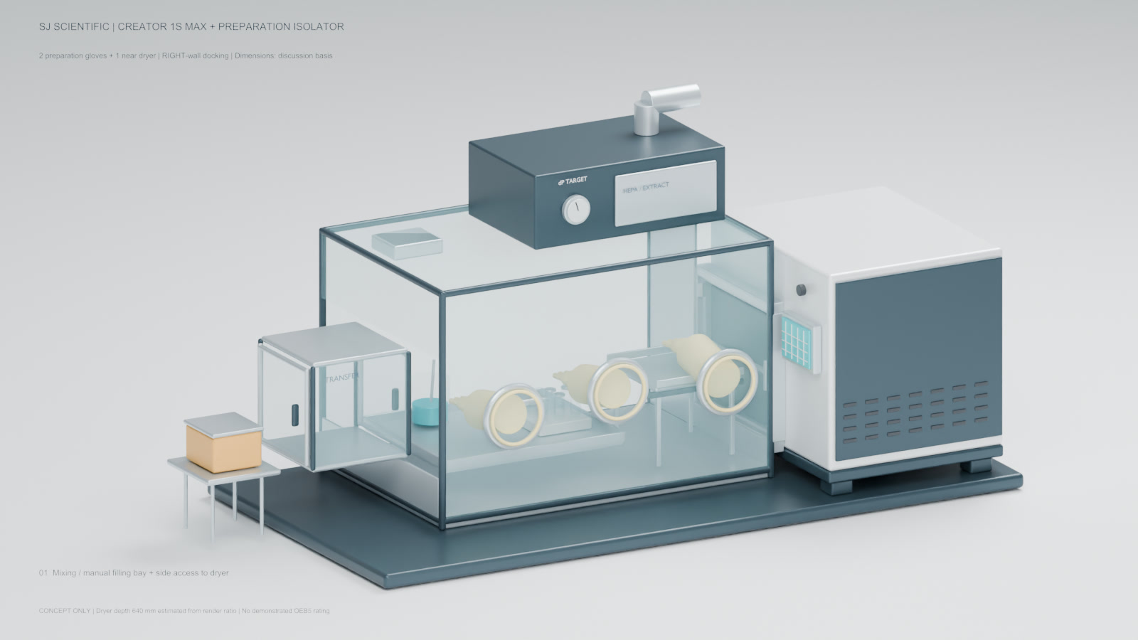 Concept rendering of a three-glove preparation isolator on the left with a Creator 1S Max lyophilizer docked on the right